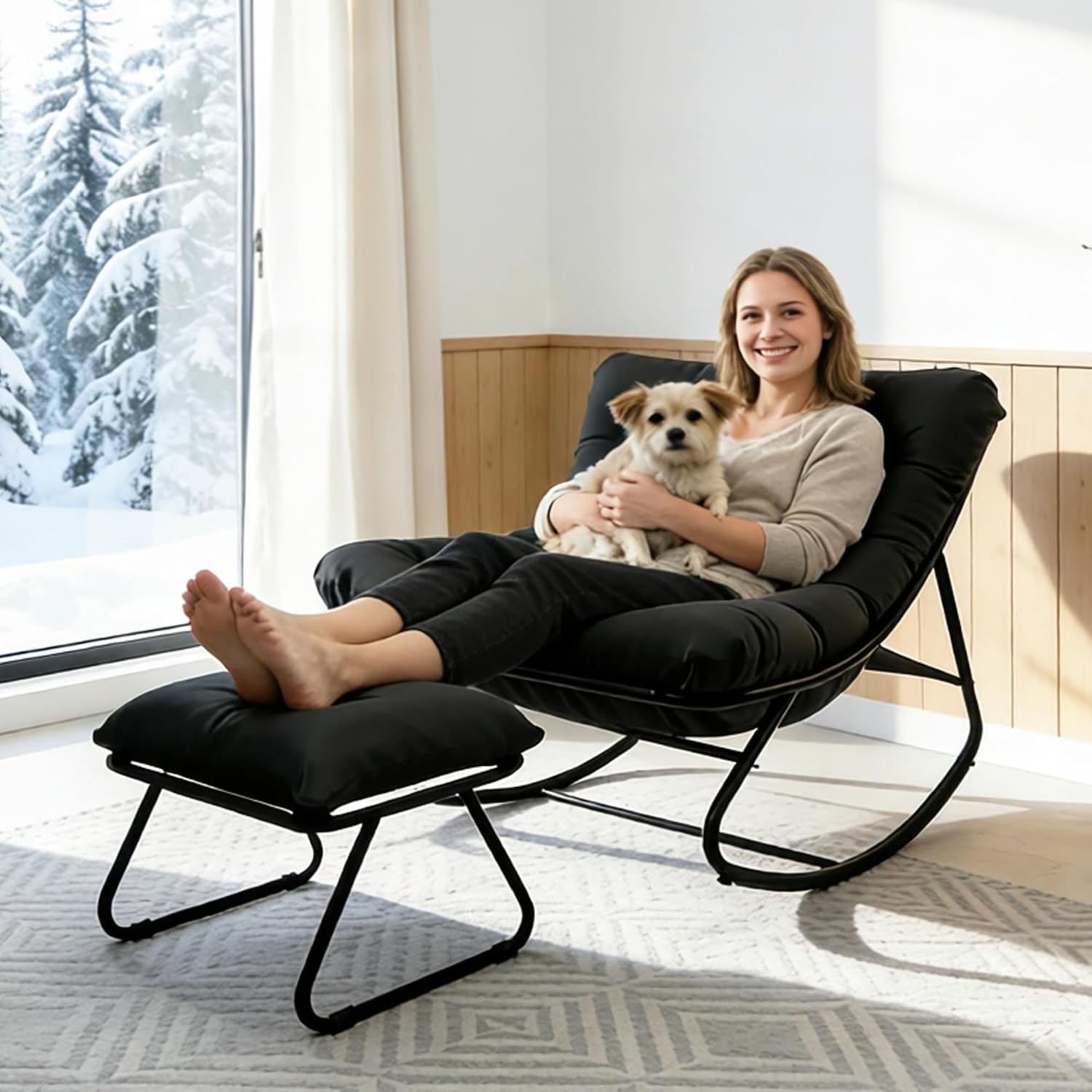 Outdoor Rocking Chair with Ottoman, Comfy Oversized Papasan Chair, Modern Upholstered Egg Gliders, 300 Lbs Wide Recliner Lounge Rocker for Bedroom, Living Room, Patio, Porch, Balcony(Black)