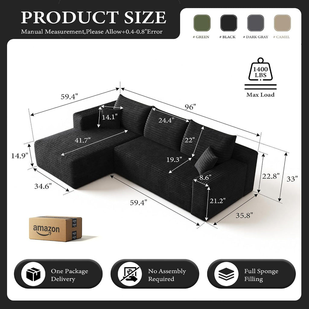 96''Sectional Couches for Living Room,Modern Modular Sectional Sofa,Upholstered Boneless Couch Comfy Cloud Couch with L Shaped Chaise (Black, Upgrade-96''W Left Facing Chaise)