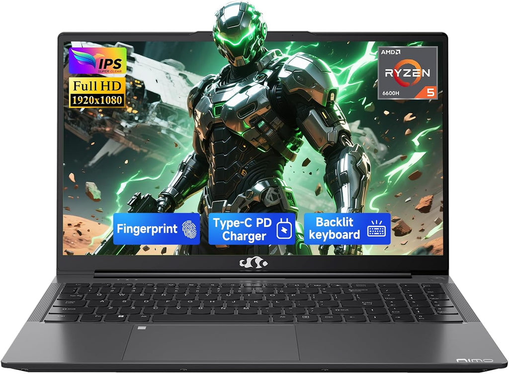 NIMO 15.6' IPS FHD-Gaming-Laptop,AMD Ryzen 5 6600H 16GB DDR5 RAM 512GB SSD (Beat i5-1335U, 6 Cores Up to 4.5GHz) AMD Radeon 660M GPU-Computer with 100W Type-C Backlit Keyboard Fingerprint