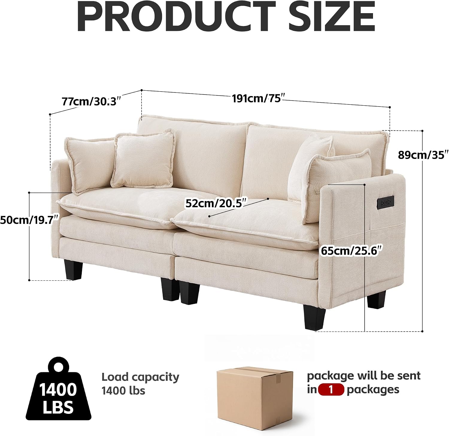 Modular Sectional Sofa, 75' Loveseat Modern Couches for Living Room, Comfy Cloud Couch with Deep Seat for Office and Apartment, with Charger, USB & Type-c Port, Beige Chenille Fabric
