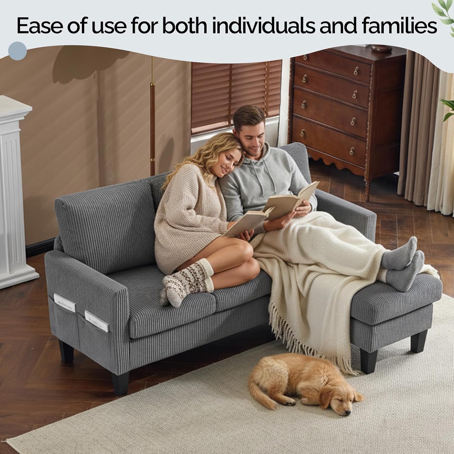 VINGLI 68.5' L Shaped Couch with Movable Storage Ottoman, Convertible Sectional Sofa in Soft Corduroy Fabric, Modern Reversible Chaise Couch for Small Spaces, Apartment, Living Room，Grey