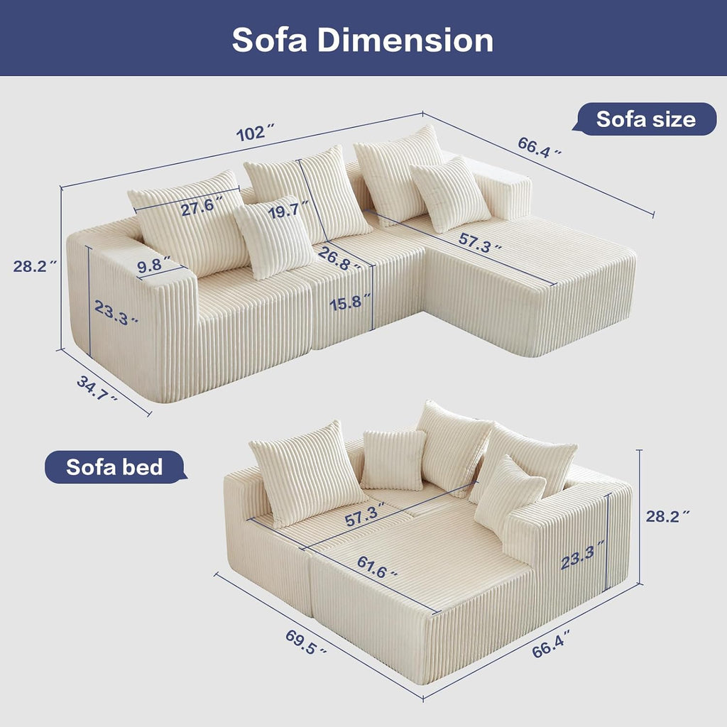101' Cloud Couch for Bedroom,Boneless Couch with Oversized Chaise,4-Seat Chenille Deep Seat Sofa with 5-Pillows for Living Room,Corduroy Sofa in A Box,Beige
