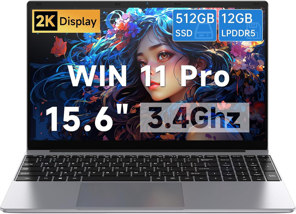 15.6 Inch Laptops, Win 11 Pro Laptop Computer,12GB RAM 512GB SSD, Celeron N100 Quad-Core(Up to 3.4GHz), FHD IPS 1920x1080, HDMI, Type-C, USB 3.0, WiFi 6, BT 5.2, TF Card Reader, 6500mAh