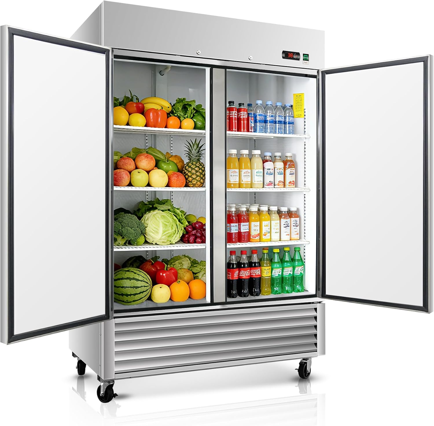 DeepTide 54' W Commercial Refrigerator with Double-Door: 49 Cubic Feet Storage, Adjustable Shelving, Automatic Defrosting, Precision Digital Thermostat, LED Lights, Safety Locks