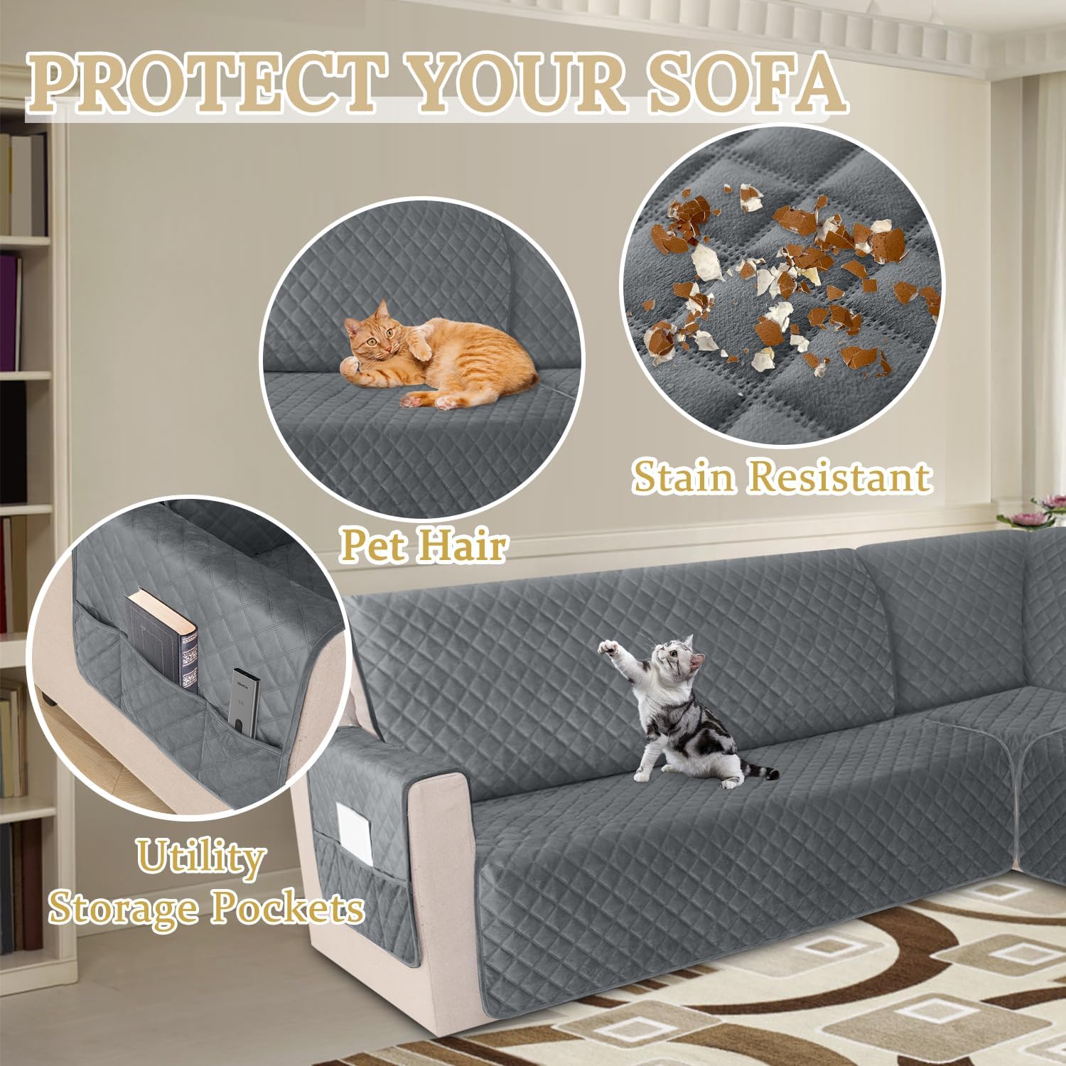HDCAXKJ Waterproof Corner Sectional Couch Cover Velvet L Shape Sofa Covers for Pets Dogs Soft Heavy Duty U Shaped Sofa Slipcovers Sets for Sectional Non Slip Furniture Protector (Dark Gray, XX-Large)