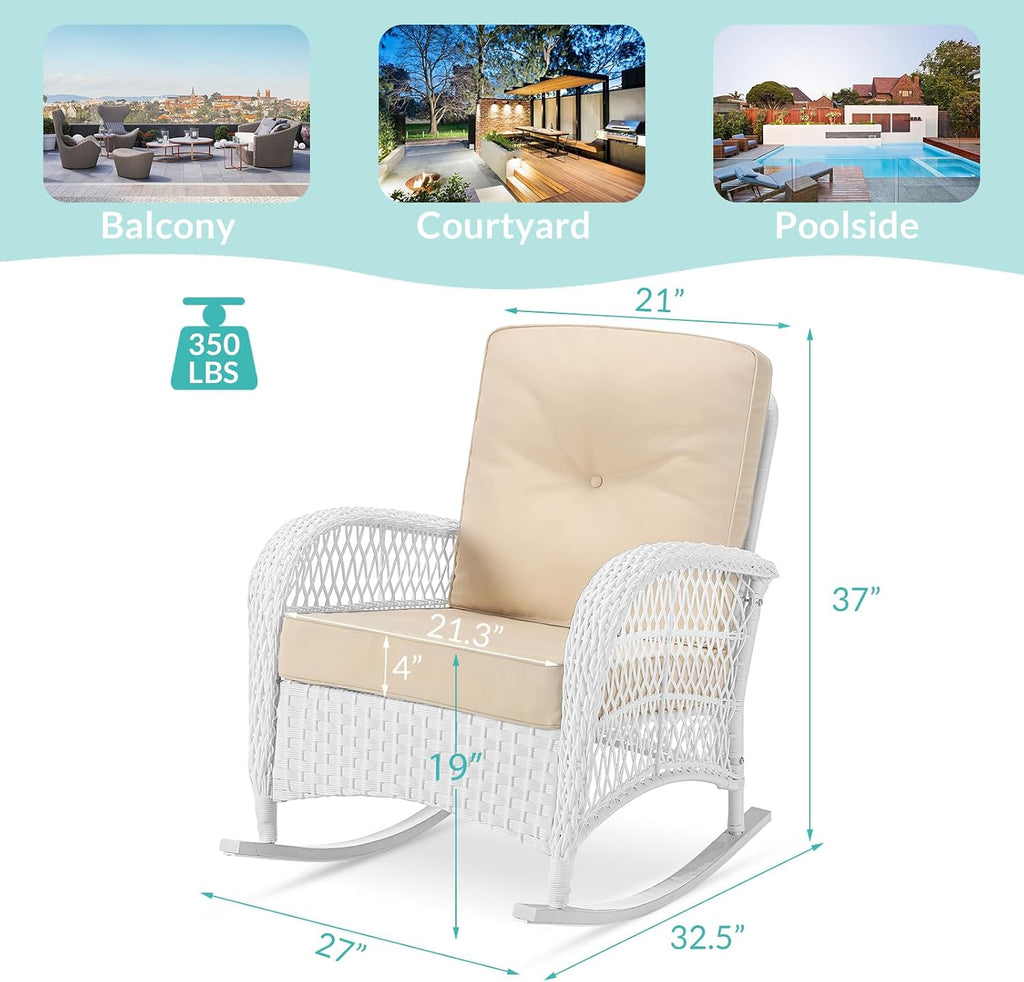 MEETWARM Outdoor Wicker Rocking Chairs Set of 2, Rattan Patio Rocker Chairs with Thick Cushions and High Back, All-Weather Patio Wicker Chair with Safe Rocking Design for Garden, White/Beige