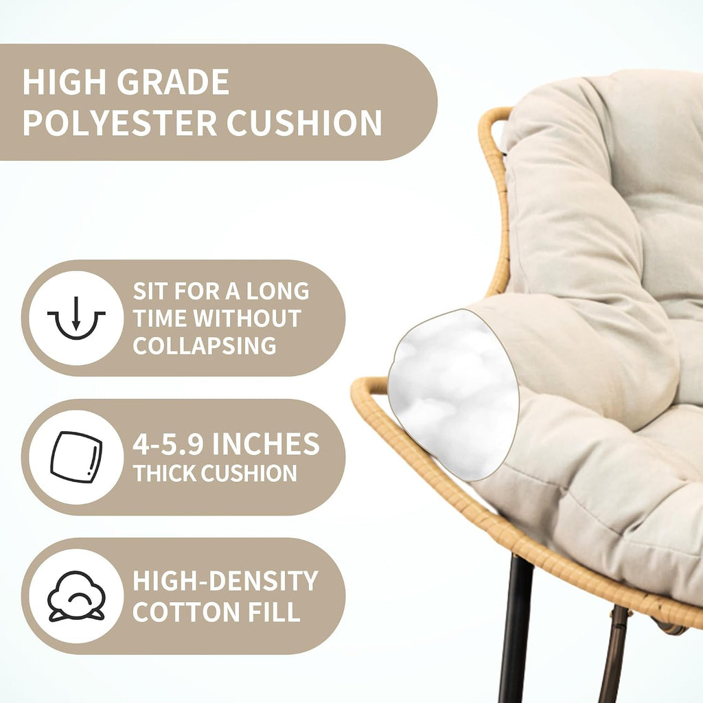 Patio Rocking Egg Chair - Outdoor Rocking Chair with Thick Cushion, Modern Indoor Outdoor Papasan Rocking Chair, Lounge Rocker for Balcony, Living Room, Bedroom, Porch, Patio, Lawn, Garden (Beige)