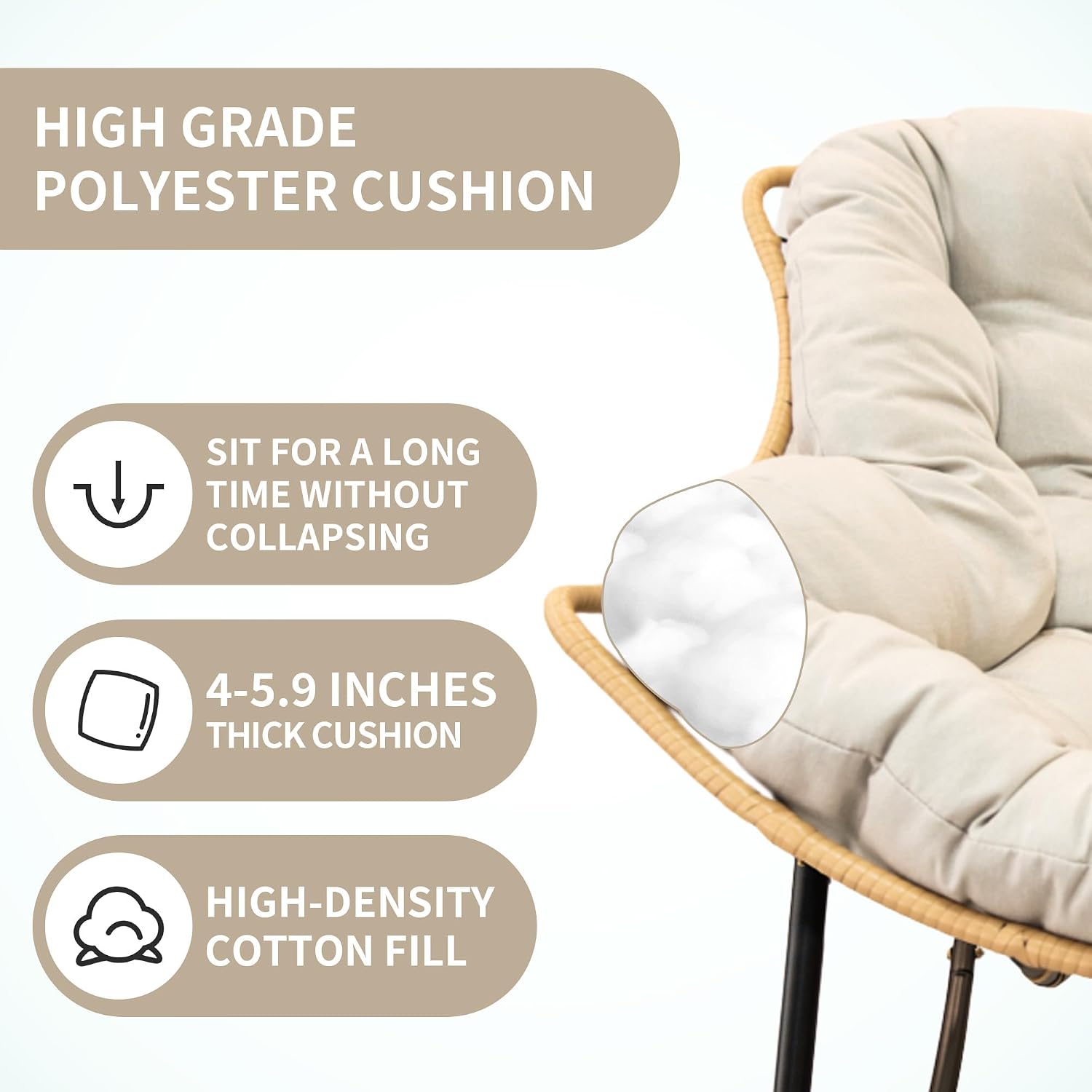 Patio Rocking Egg Chair - Outdoor Rocking Chair with Thick Cushion, Modern Indoor Outdoor Papasan Rocking Chair, Lounge Rocker for Balcony, Living Room, Bedroom, Porch, Patio, Lawn, Garden (Beige)