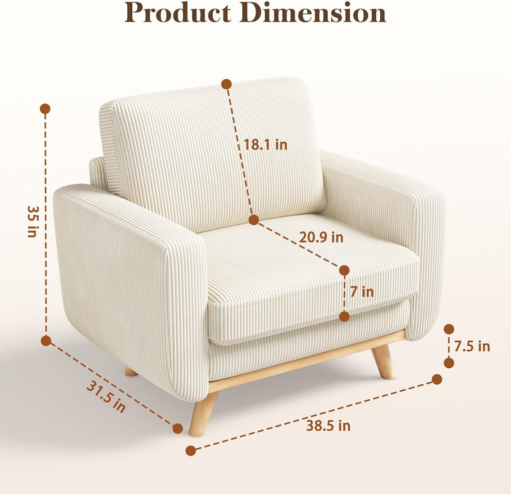 Vesgantti 38.5' Accent Chair Beige, Comfy Corduroy Single Sofa Seat with Spring Cushion, Upholstered Armchair with Deep Seat, Reading Chair for Adults, Modern Sofa for Living Room, Bedroom