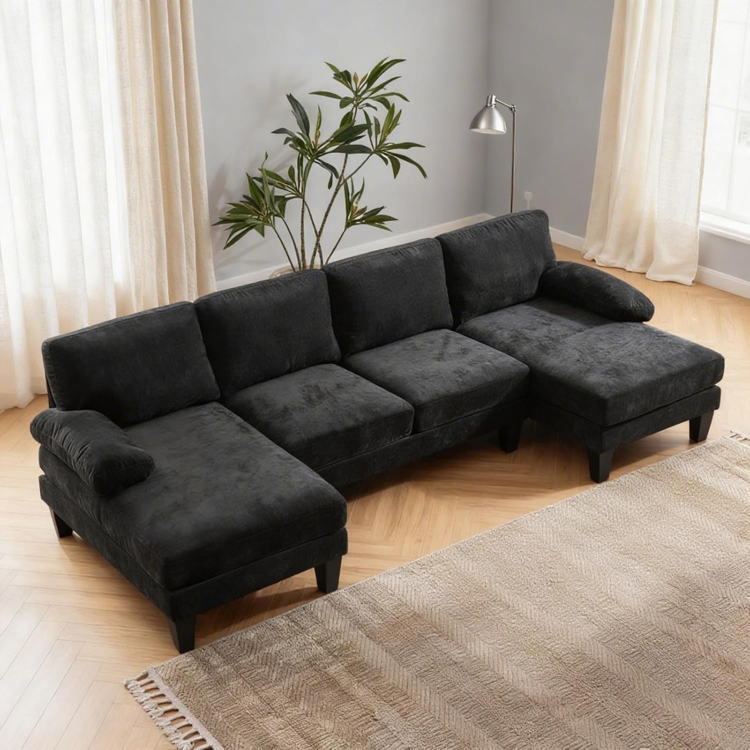 Karl home U-Shape Sectional Sofa Couch 111' Modern 4-Seat Sofa with Chaises Chenille Fabric Upholstered Covertible Couch with Wood Grain Legs for Living Room, Reception Room, Apartment, Black