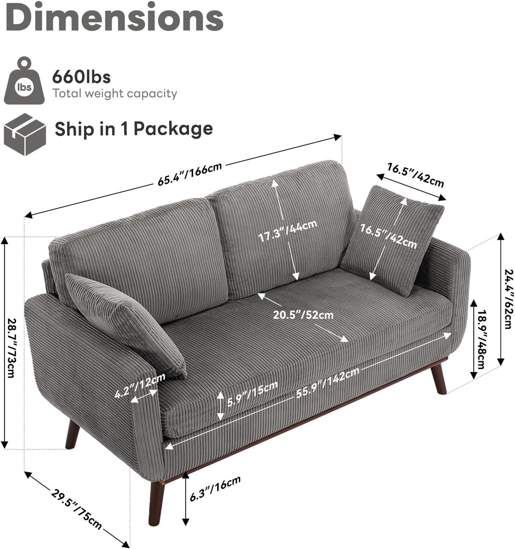 Kingfun 65' Corduroy Love Seat with Spring Cusions, Mid Century Modern Loveseat Sofa for Livingroom & Bedroom, Comfy Upholstered Small Couch, Gray