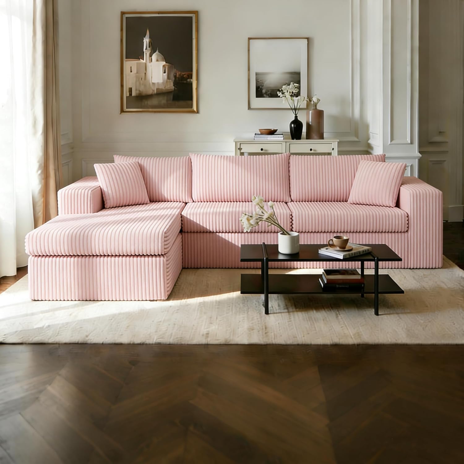 JAMFLY 105' Boneless Couches for Living Room Modular Sectional Sofa L-Shape Couch with Oversized Chaise, Cloud Couch Deep Seat Memory Foam Upholstered for Bedroom, Plush Corduroy Fabric, Baby Pink