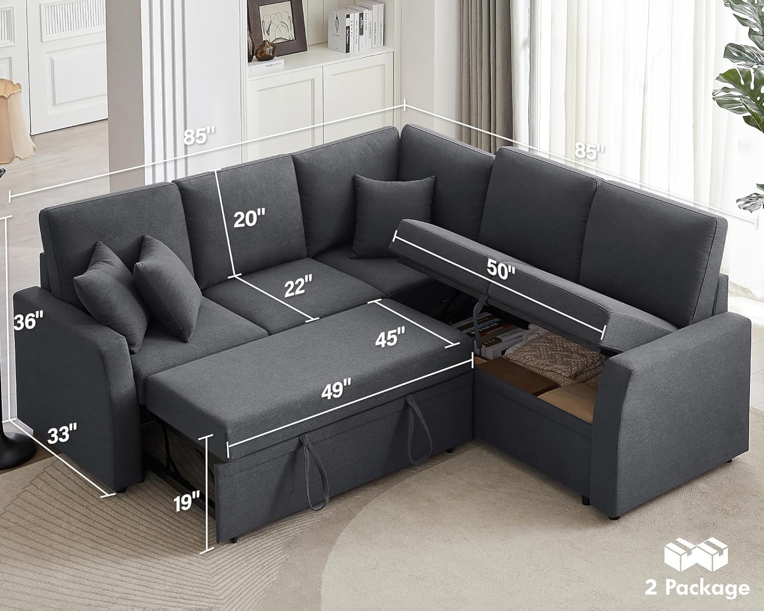 VanAcc Sofa Bed, 85 Inch Sleeper Couch with Storage Seat, L Shaped Sofa with Pull Out Sofa Bed, Sectional Couches for Living Room Apartment, Grey Linen Couch Sofa