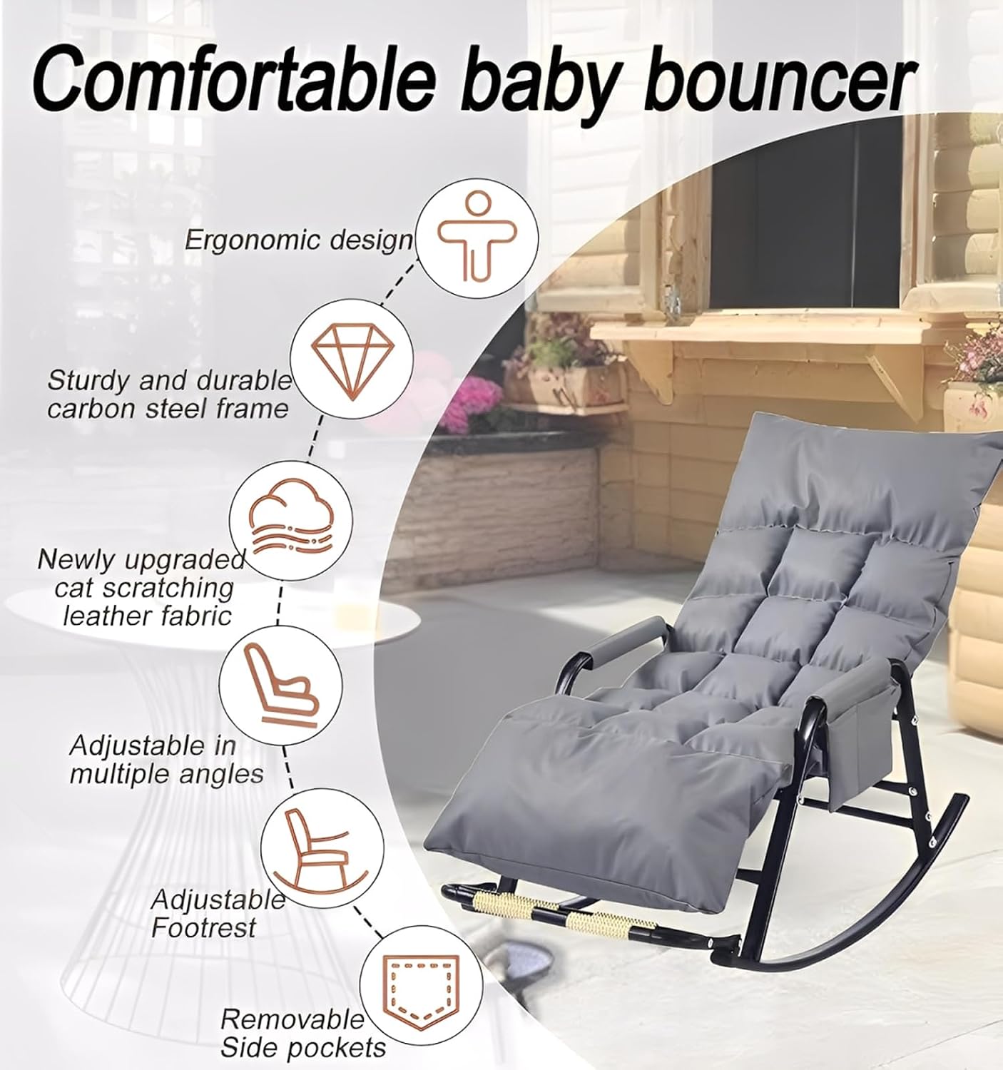 Outdoor Rocking Chair - Foldable Ottoman Glider Chair - 5-Way Adjustable Recliner Chair - Removable Waterproof Cushion ，for Porch,Patio,Garden, BalconyGrey,145 * 60 * 50cm