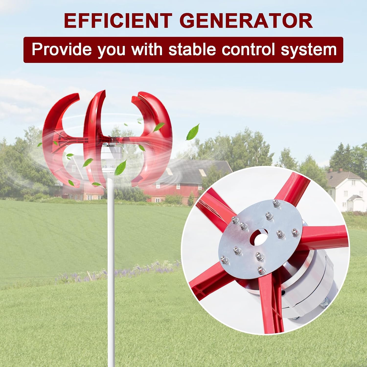 Portable Wind Turbines 1000W 12V/24V Wind Turbines Generator, 5-Blade Auto Adjust Wind Vertical Generator Kit,generador eolico para casa,for Motor Home, Chalet, Boat, Terrace Red