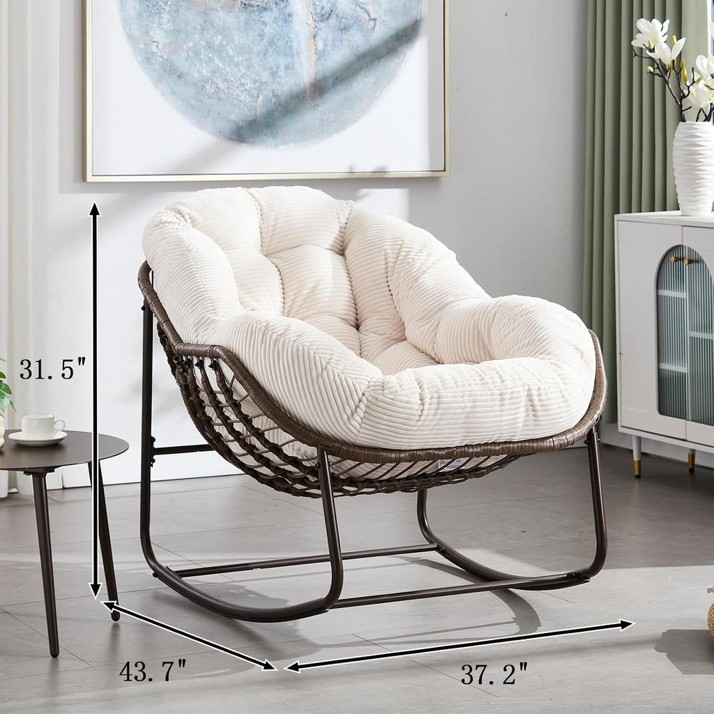 JEEOHEY Papasan Rocking Chairs Outdoor Indoor, Oversized Rattan Rocker Patio Chair with Padded Cushion, Comfy Modern Indoor Egg Chair for Living Room, Bedroom, Porch, Garden, Balcony(Corduroy, White)