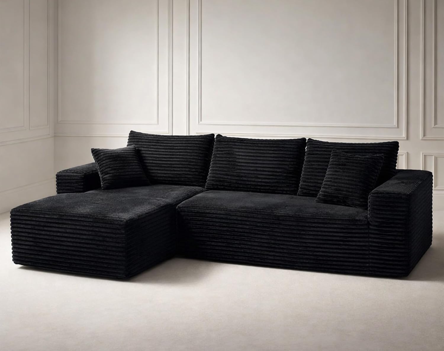Boneless Modular Sectional Sofa, Cloud Couch with Left Facing Chaise, Oversized Deep Seat, L-Shaped, Soft Corduroy Fabric, Sectional Couch for Living Room -Black