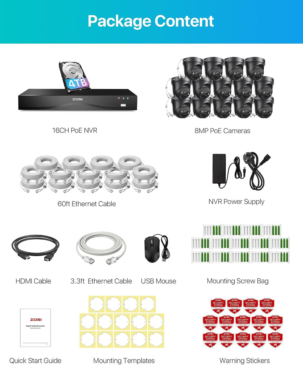 ZOSI 24CH 4K PoE Security Camera System with Face Person Vehicle Detection,24CH 8MP Dual Disk NVR with 4TB HDD,14pcs 4K Outdoor PoE Cameras,2 Way Audio,Spotlight Siren,Night Vision,for 24/7 Recording