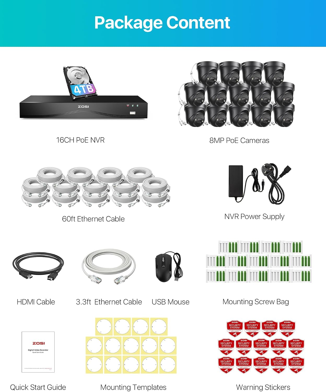 ZOSI 24CH 4K PoE Security Camera System with Face Person Vehicle Detection,24CH 8MP Dual Disk NVR with 4TB HDD,14pcs 4K Outdoor PoE Cameras,2 Way Audio,Spotlight Siren,Night Vision,for 24/7 Recording