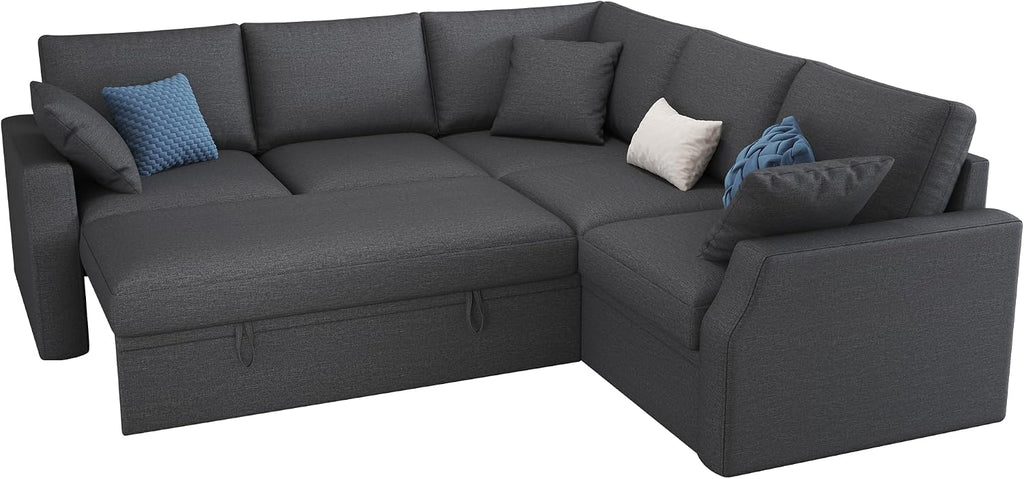 AMERLIFE Sofa Bed, 85 Inch Reversible L Shape Couch with Pull Out Bed & Storage Seat, Oversized Sectional Sleeper Bed for Living Room Apartment, Grey Linen Sleeper Sofa Couch