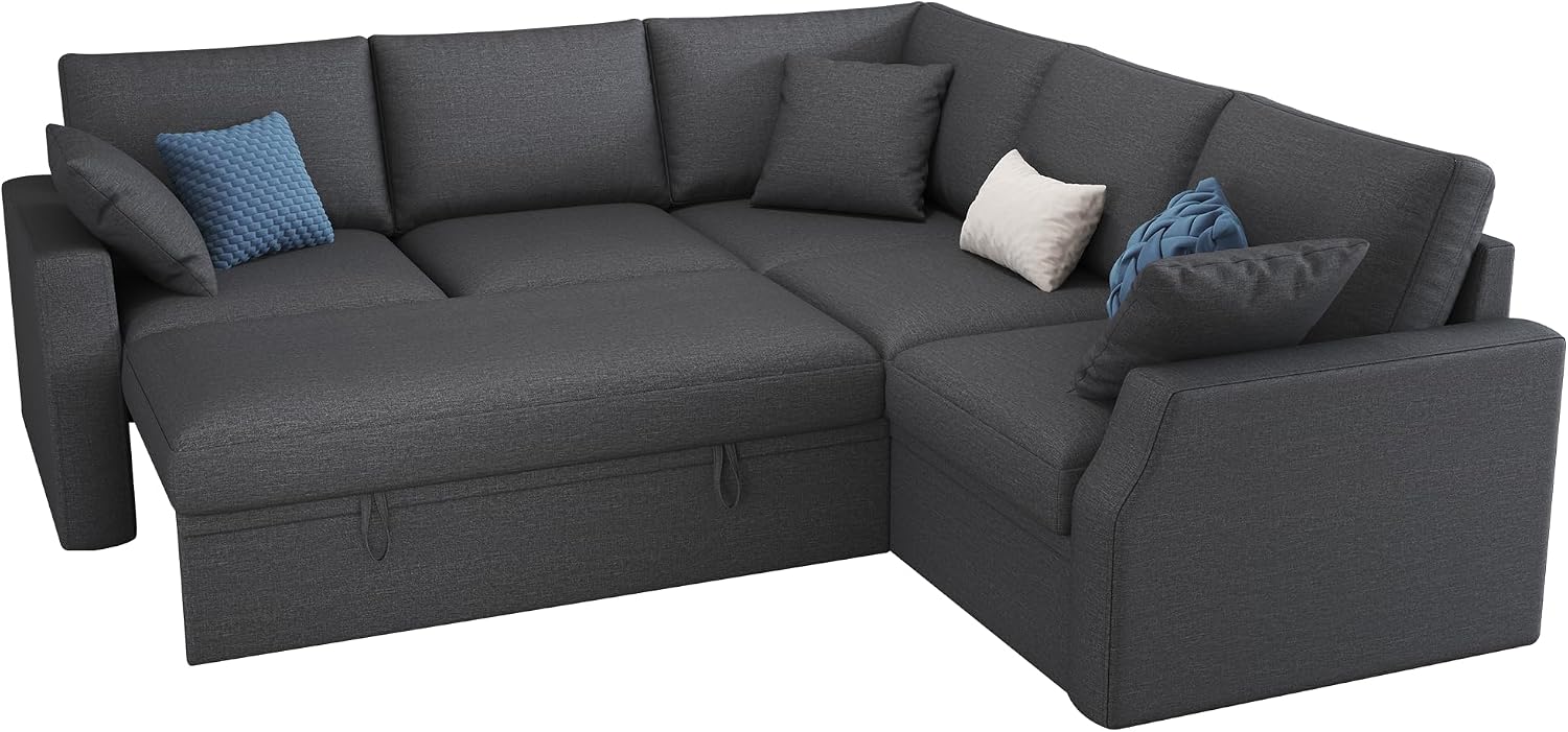 AMERLIFE Sofa Bed, 85 Inch Reversible L Shape Couch with Pull Out Bed & Storage Seat, Oversized Sectional Sleeper Bed for Living Room Apartment, Grey Linen Sleeper Sofa Couch