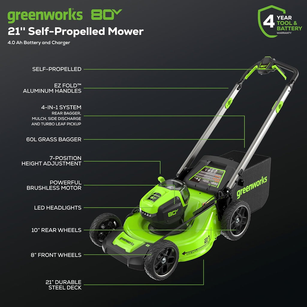 Greenworks 80V 21' Brushless Cordless (Self-Propelled) Lawn Mower (LED Headlight + Aluminum Handles), 4.0Ah Battery and Rapid Charger + Bonus 24V Power Tool Combo Kit
