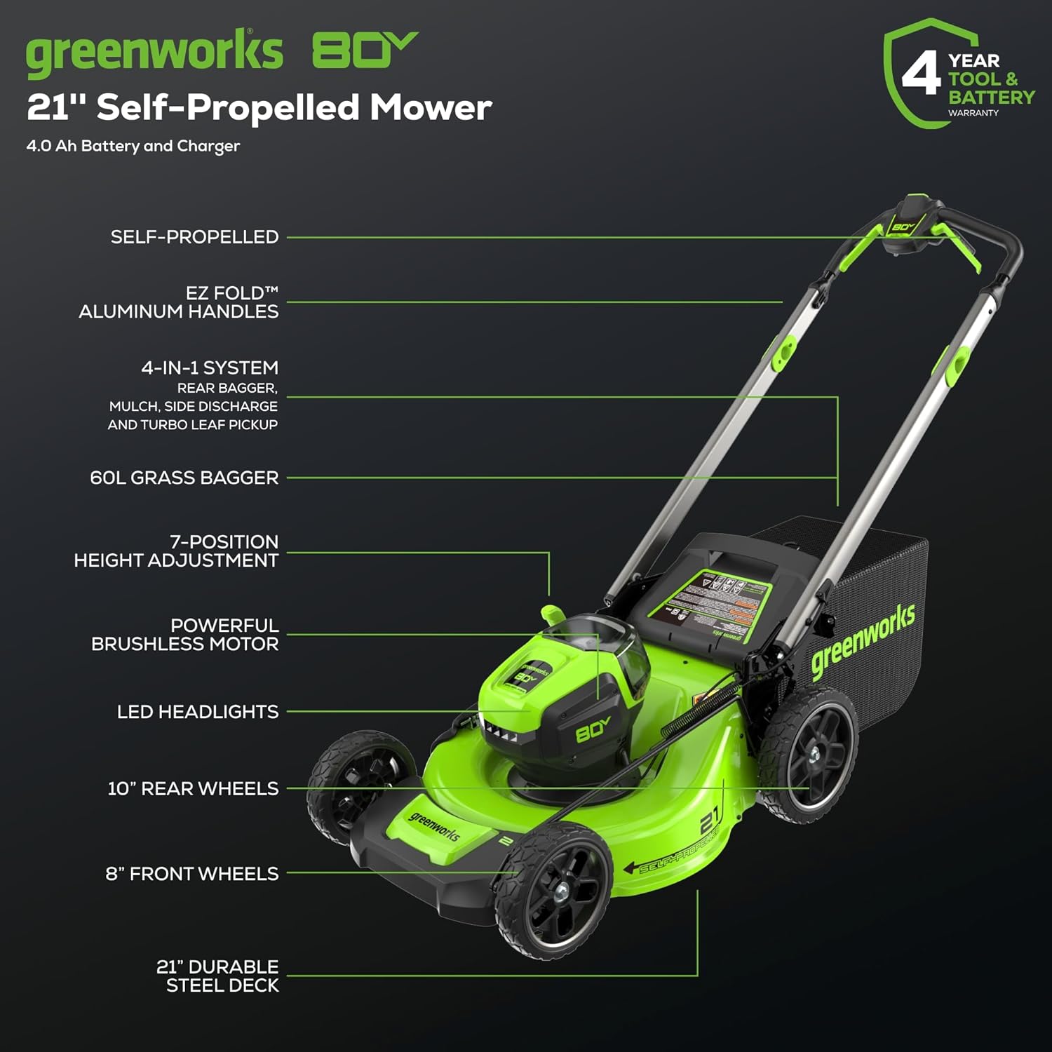 Greenworks 80V 21' Brushless Cordless (Self-Propelled) Lawn Mower (LED Headlight + Aluminum Handles), 4.0Ah Battery and Rapid Charger + Bonus 24V Power Tool Combo Kit