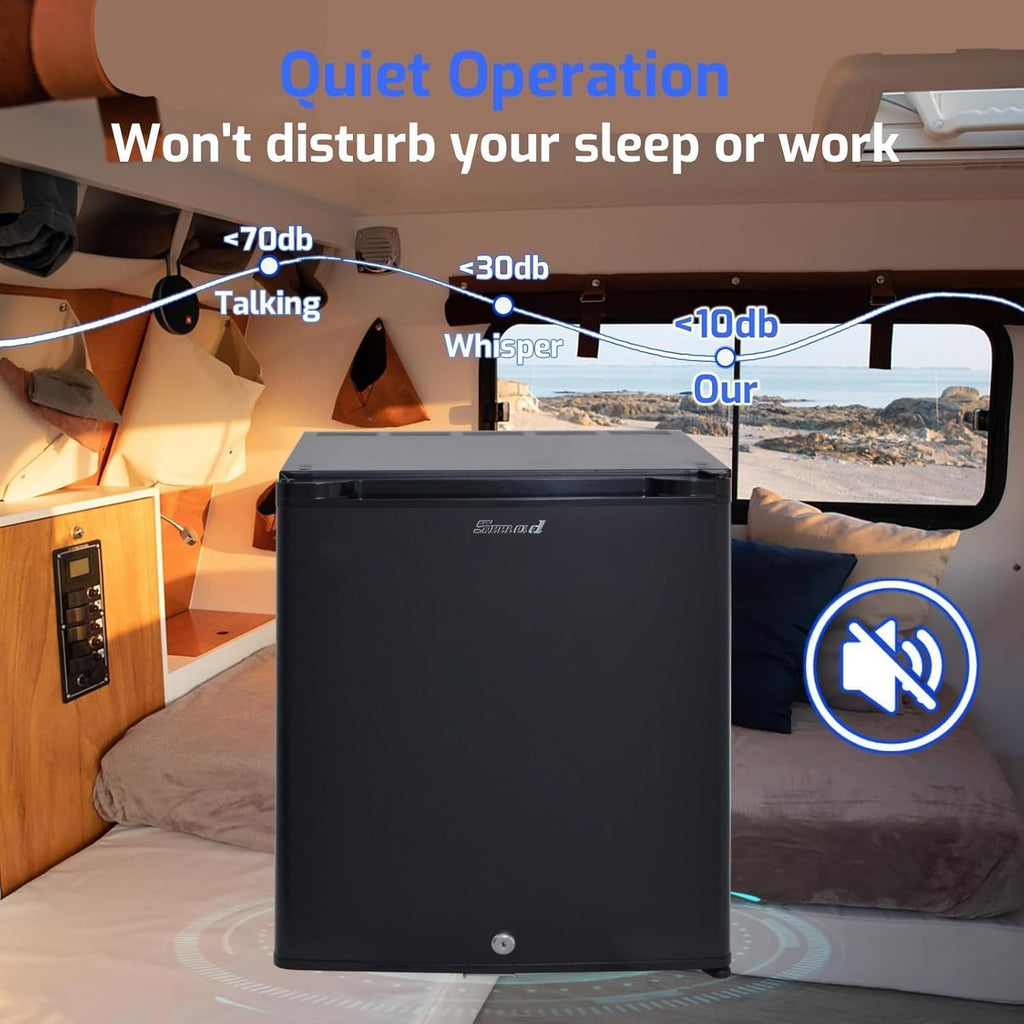 Smad Locking Mini Fridge 1.0 cu.ft, 12V RV Refrigerator 12V / 110V Super Quiet 12V Fridge Reversible Door Absorption Refrigerator for RV, Truck, Camping, Boat Use, Black