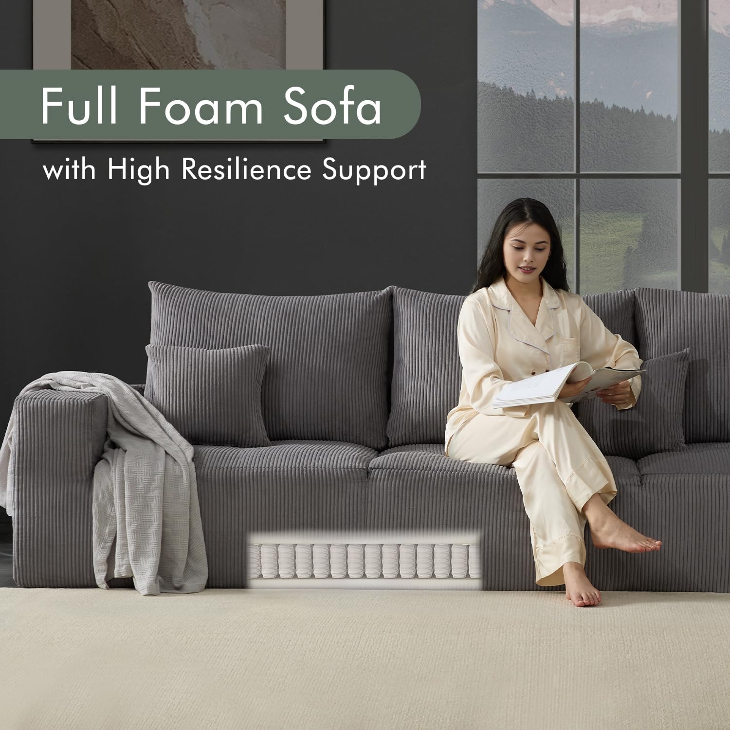 Gericco 113' Modular Sectional Couch, Cloud Boneless Sofa with Deep Seats, Upholstered Corduroy Sleeper Sofa Bed with 3-Seater for Living Room, No Assembly Required, Grey