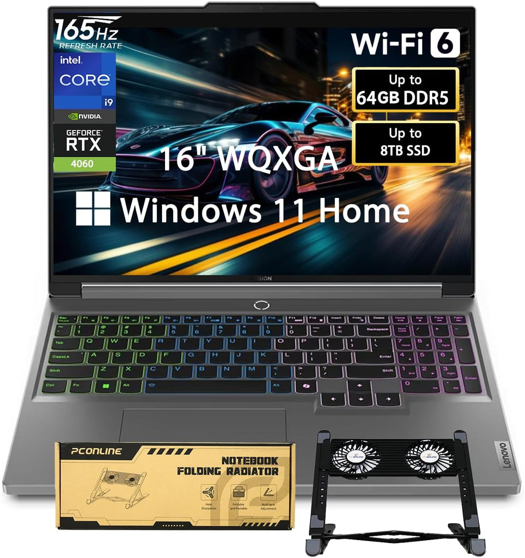 Lenovo Legion 16' WQXGA i9 RTX 4060 Gaming Laptop, 16' WQXGA 165Hz, Intel i9-14900HX, NVIDIA GeForce RTX 4060, 64GB DDR5 RAM, 2TB SSD, W11H, Bundle with PCO Notebook Folding Radiator, Laptop Cooler