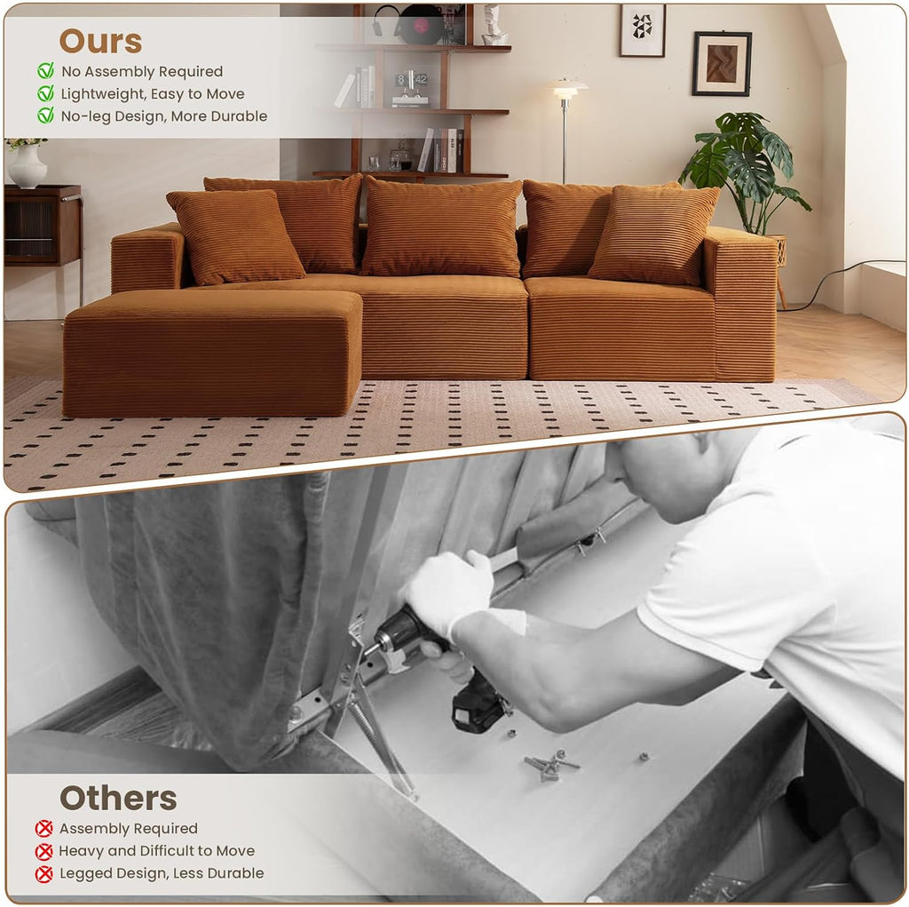 108' L-Shaped Boneless Couch, Modular Sectional Sofa with Moveable Ottoman, Corduroy Cloud Couches for Living Room, No Assembly, Ship in a Box, Burnt Orange