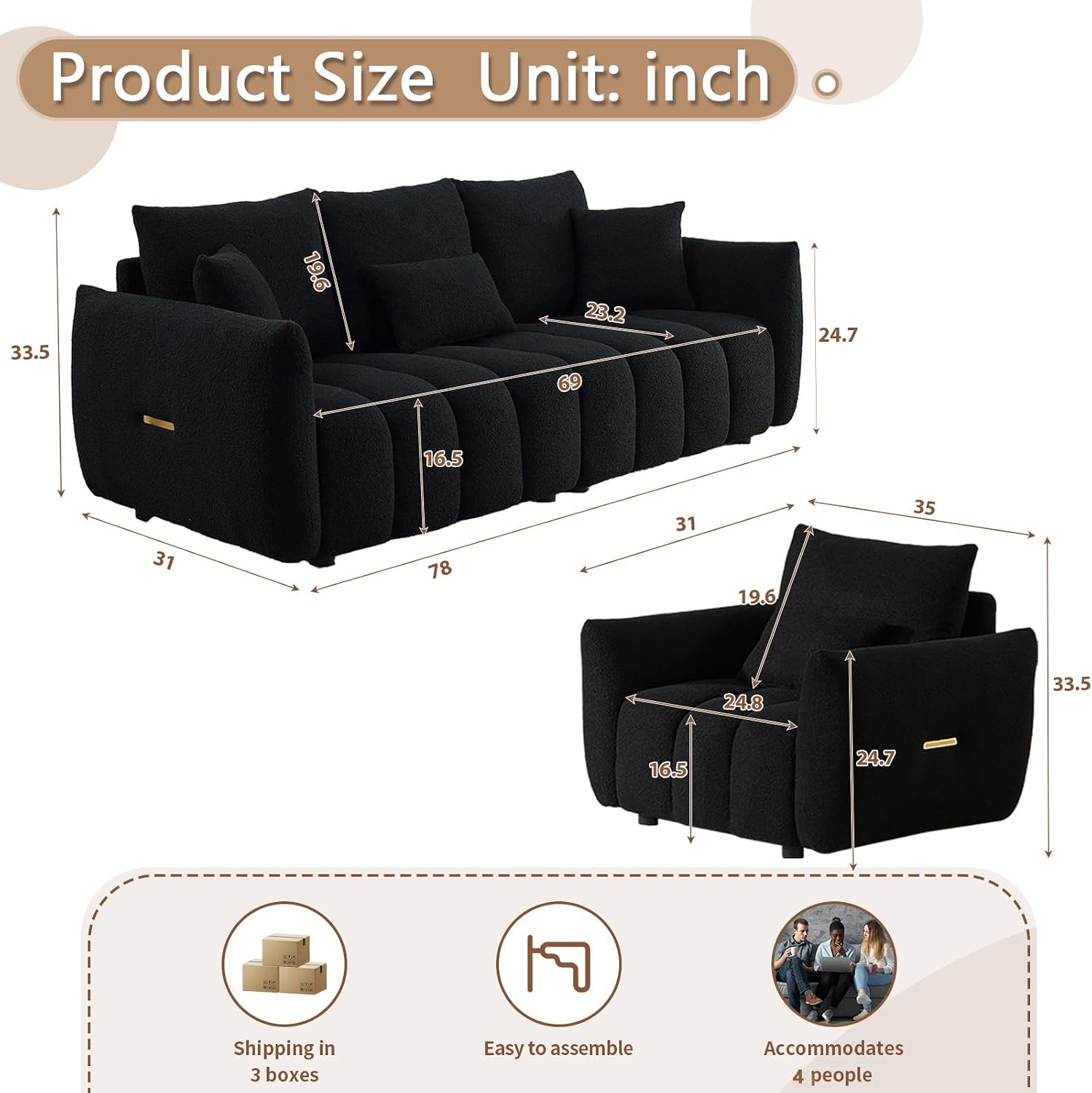 Antetek Teddy Sofa Set for Living Room, Modern Deep Seat Sofa Chair and Oversized 3-Seater Cloud Boucle Couch for Bedroom, Office, Apartment, Furniture Set, Black (2 Piece)