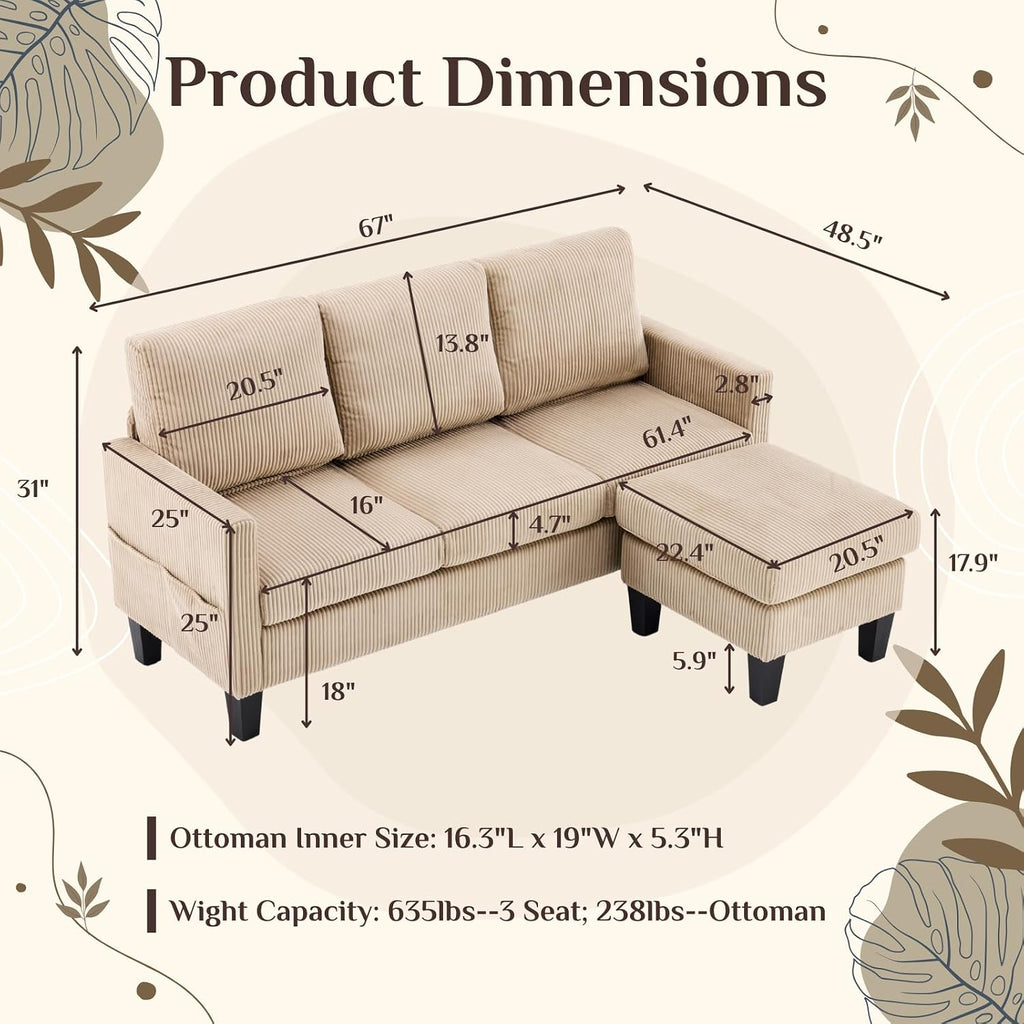 Karl home Small Sectional Couch L Shaped Sofa with Movable Storage Ottoman Corduroy Upholostered Sofa Chaise with Side Pockets for Living Room, Apartment, Studio, Khaki