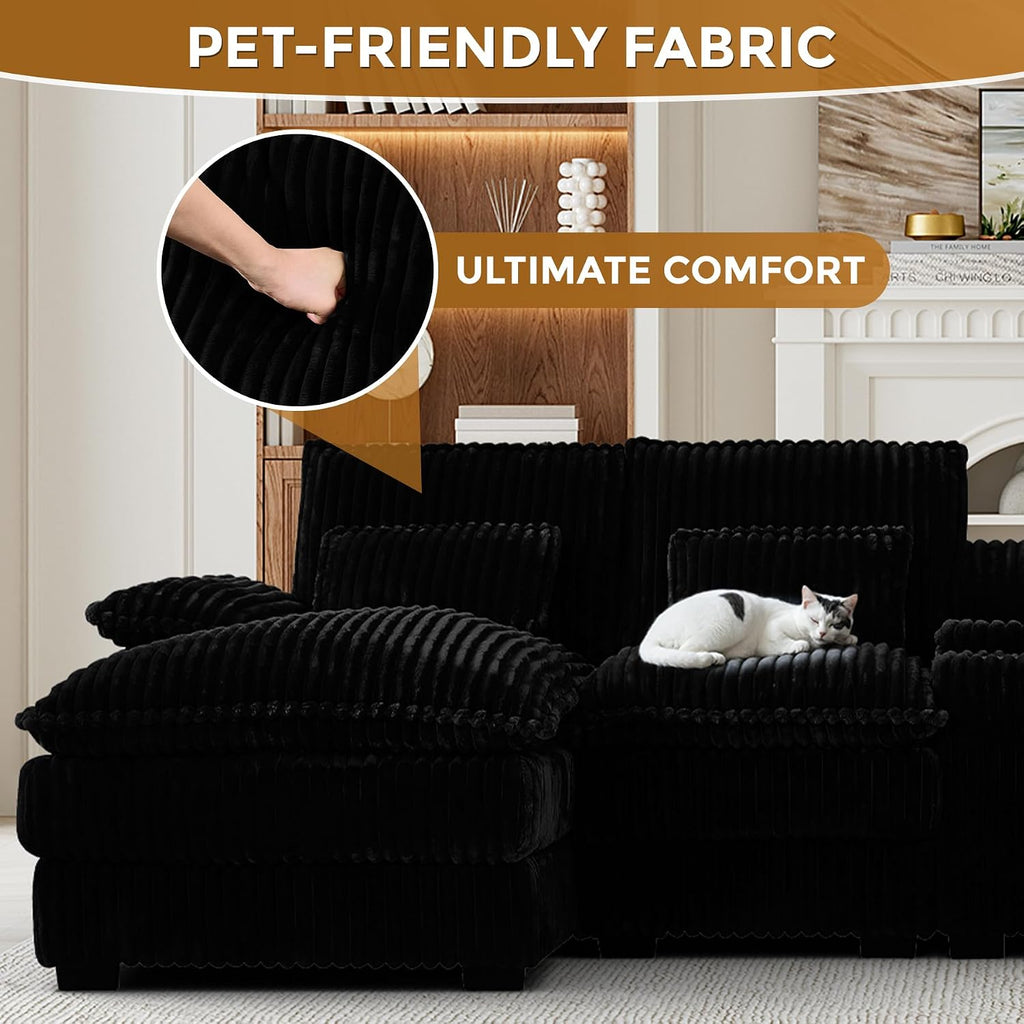 HYJT-H&K 124' U Shaped Cloud Couch Sectional, Comfy Fluffy Plush Corduroy Dark Black Sectional Couches for Living Room, Modern Modular Corduroy Couch Sectionals with Central Console & Double Chaise