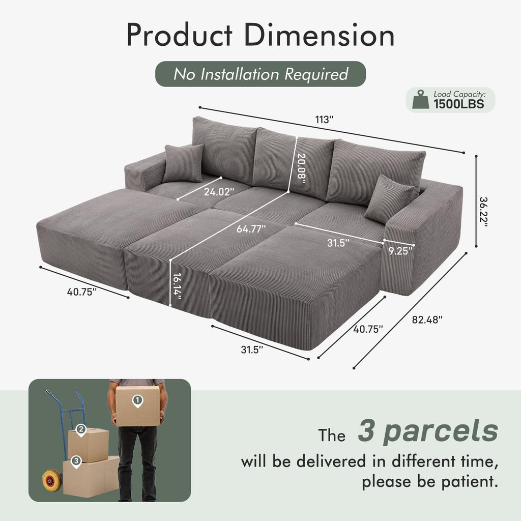 Gericco 113' Modular Sectional Couch, Cloud Boneless Sofa with Deep Seats, Upholstered Corduroy Sofa Bed with Loung Chaise, 3-Seater Couches for Living Room, No Assembly Required, Grey