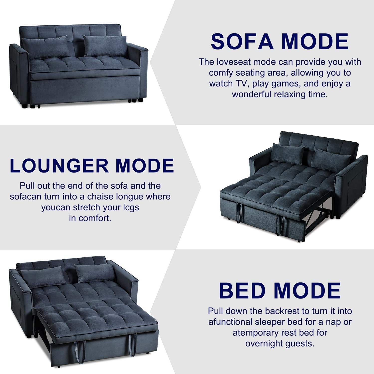 3 in 1 Convertible Sleeper Sofa Bed, 54'' Full Size Velvet Pull Out Futon Couch Recliner with Reclining Backrest & 2 Pillows, Small Loveseat Lounge Couches for Small Spaces (Black)
