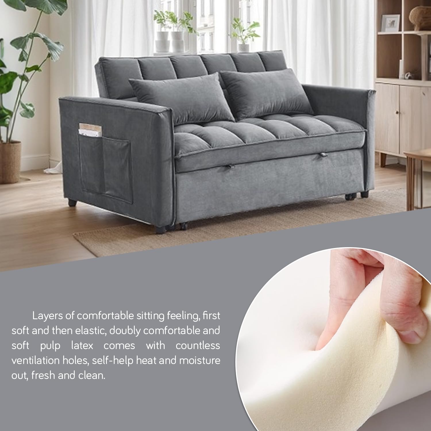 3 in 1 Convertible Sleeper Sofa Bed, 54'' Full Size Velvet Pull Out Futon Couch Recliner with Reclining Backrest & 2 Pillows, Small Loveseat Lounge Couches for Small Spaces (Medium Grey)