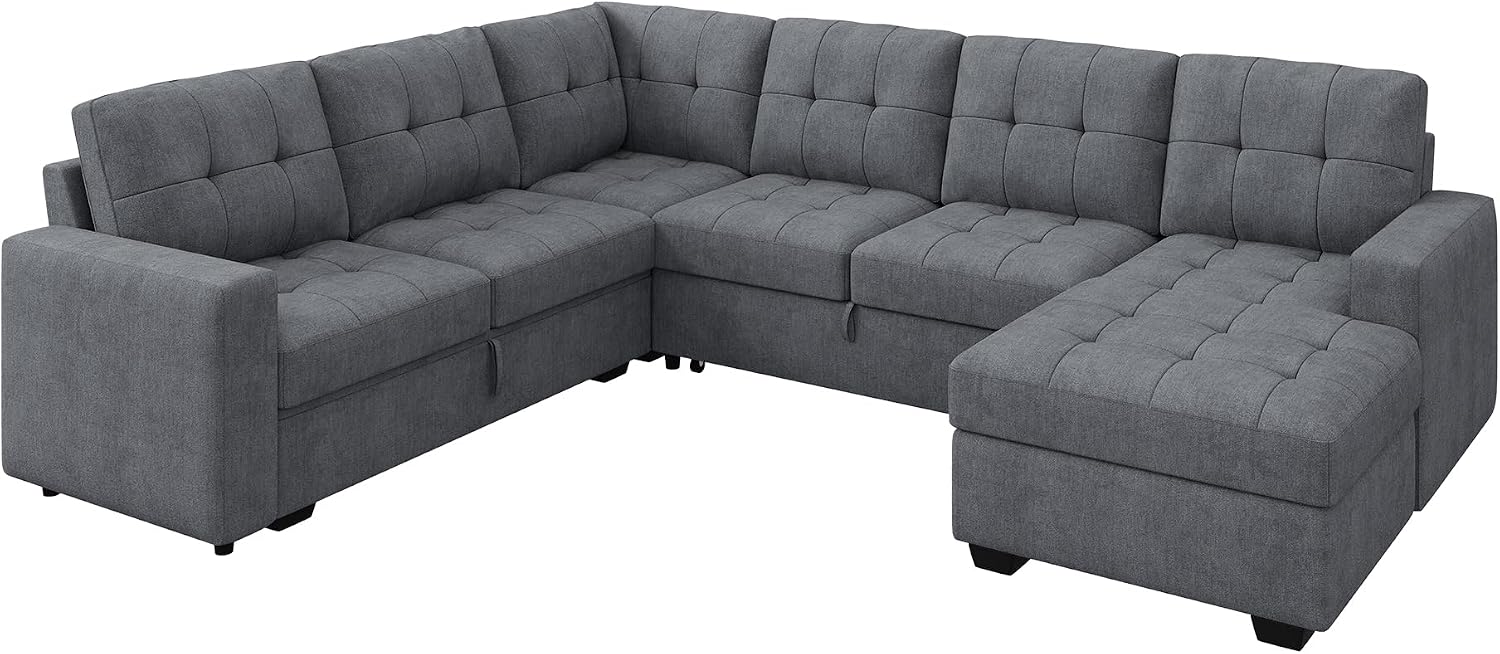 HONBAY Sectional Sleeper Sofa, Sleeper Sofa Couch with Storage Chaise, Sectional Couch with Pullout Bed for Living Room, Bluish Grey