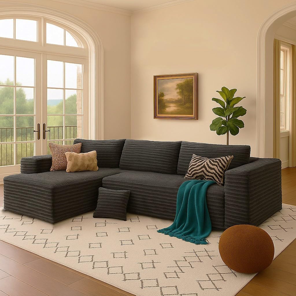 COMHOMA 105'Modular Sectional Sofa with Deep Seat,Cloud Upholstered L-Shape Couch Wide Arms Corduroy Fabric High-Density Foam Chaise Lounge for Living Room No Assembly Required