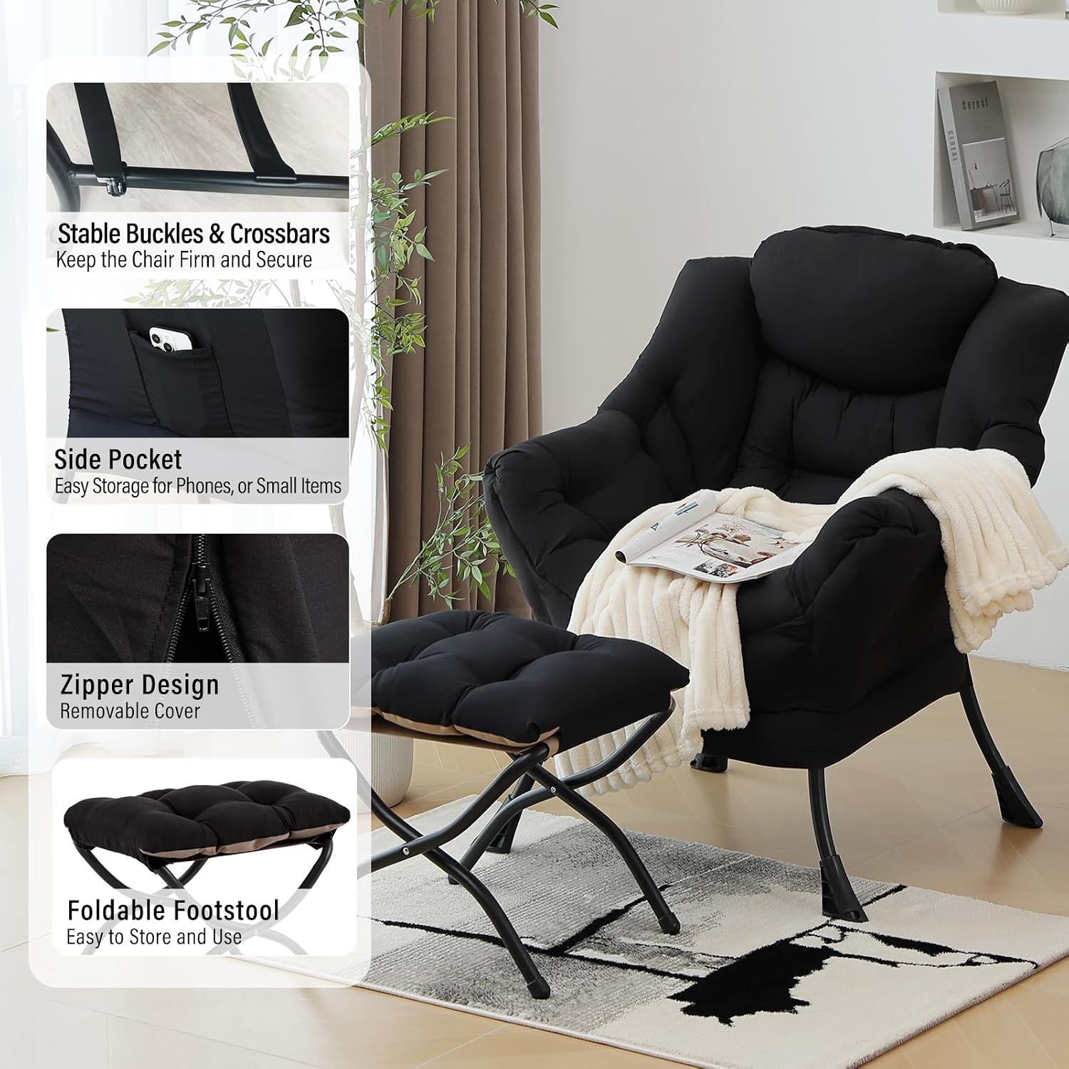 Furlide Lazy Chair with Ottoman, Modern Accent Chair with Armrests and a Side Pocket, Black Accent Chairs, Reading Chairs, Oversized Armchairs for Bedroom, Study, Living Room, Courtyard