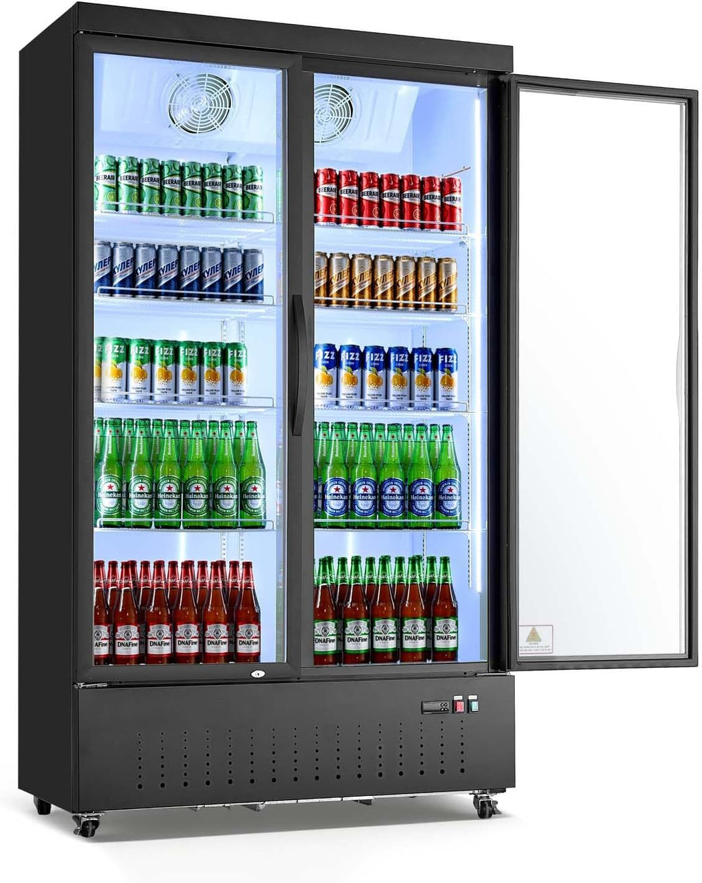 VEVOR Commercial Merchandiser Refrigerator, 29.3 Cu.Ft / 830L Upright Beverage Cooler, 2 Glass Door Display Refrigerator with 8 Adjustable Shelves, Soft LED Light & Casters for Bars Shops Supermarkets