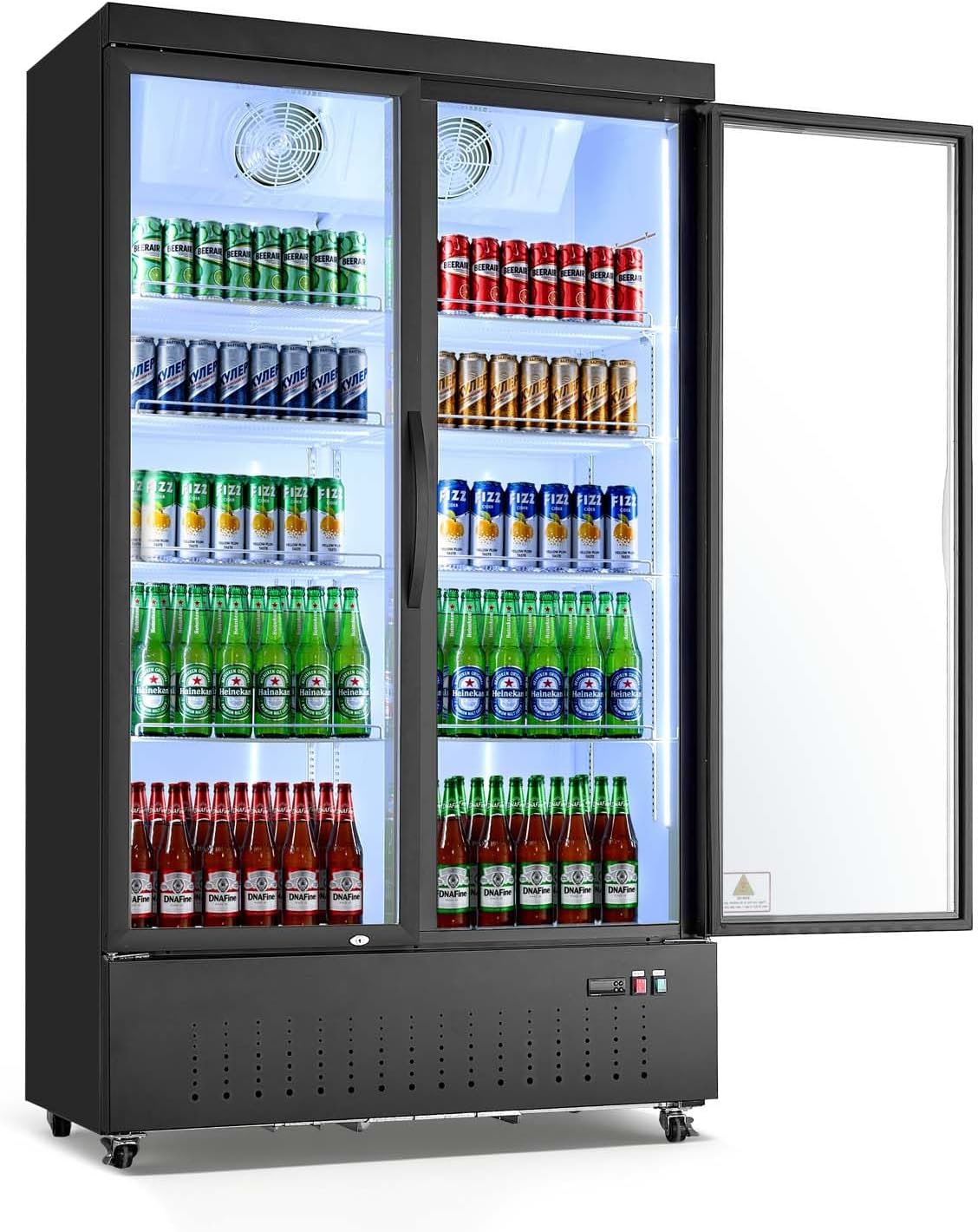VEVOR Commercial Merchandiser Refrigerator, 29.3 Cu.Ft / 830L Upright Beverage Cooler, 2 Glass Door Display Refrigerator with 8 Adjustable Shelves, Soft LED Light & Casters for Bars Shops Supermarkets