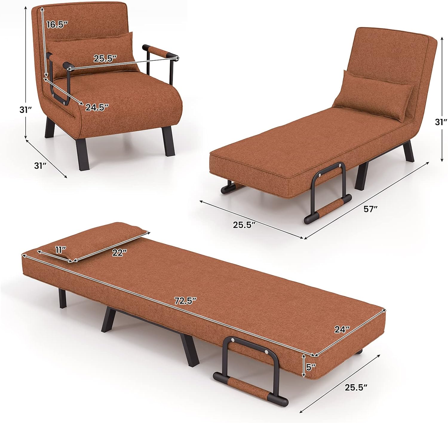 Giantex Convertible Sofa Bed, 4-in-1 Sleeper Chair with Pillow, Modern Recliner Guest Bed with 6 Position Adjustable Backrest, Metal Legs, Linen Fabric Armchairs for Nursery Living Room Office (Brown)