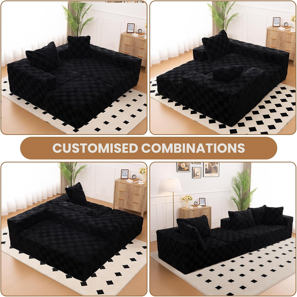 Modular Sectional Sofa, 108' L-Shaped Boneless Couch with Deep Seat, Corduroy Cloud Couch for Living Room, Bedroom, No Assembly Required, Ship in a Box, Checkered Black