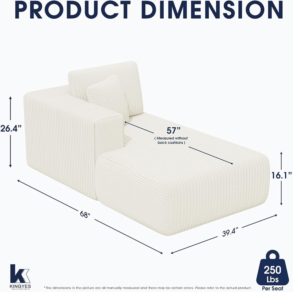 KINGYES Boneless Chaise Lounge Chair for Modular Sectional Sofa, L Shape Corduroy Upholstered Chaise Lounge for Living Room, Beige