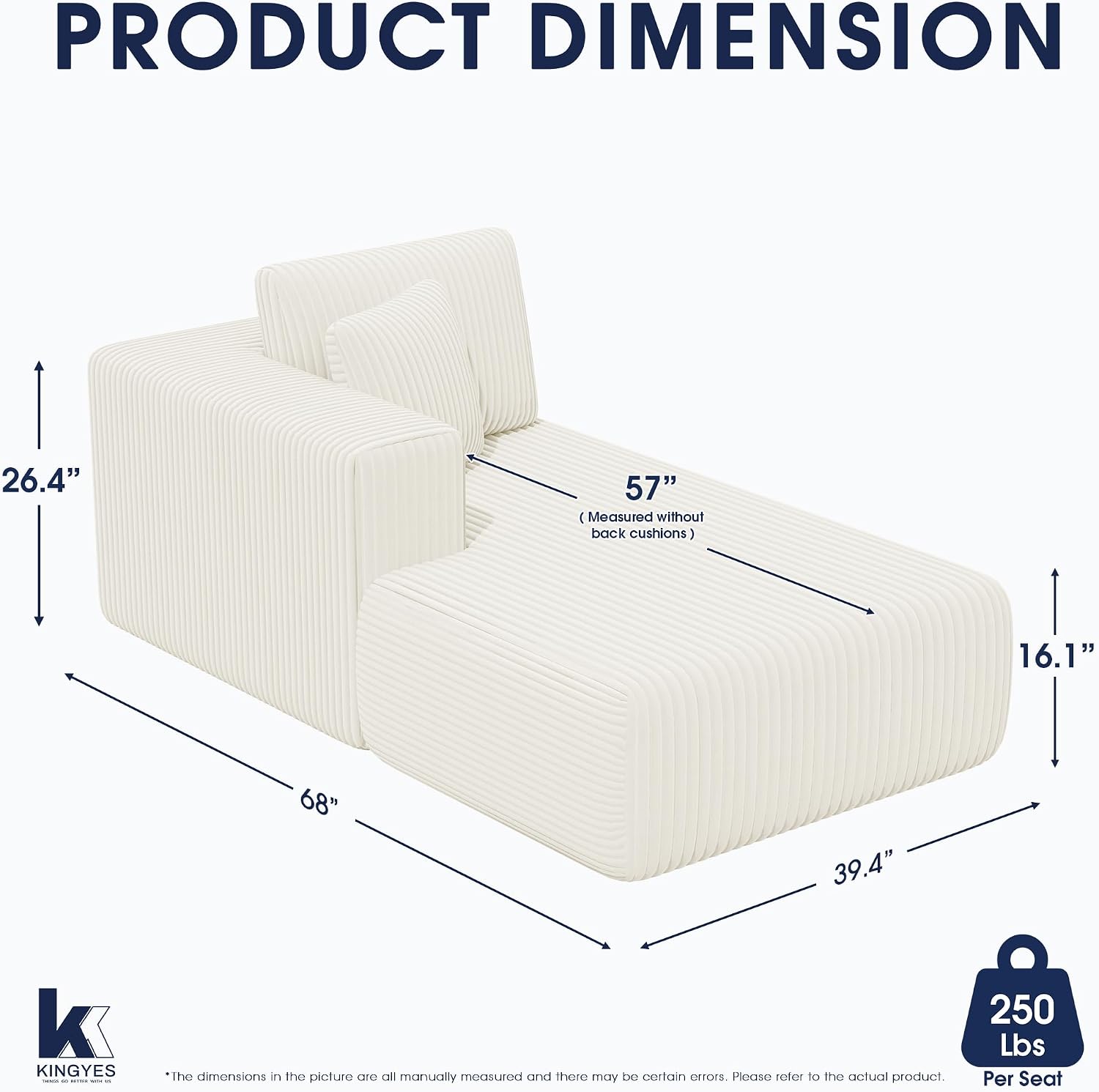 KINGYES Boneless Chaise Lounge Chair for Modular Sectional Sofa, L Shape Corduroy Upholstered Chaise Lounge for Living Room, Beige