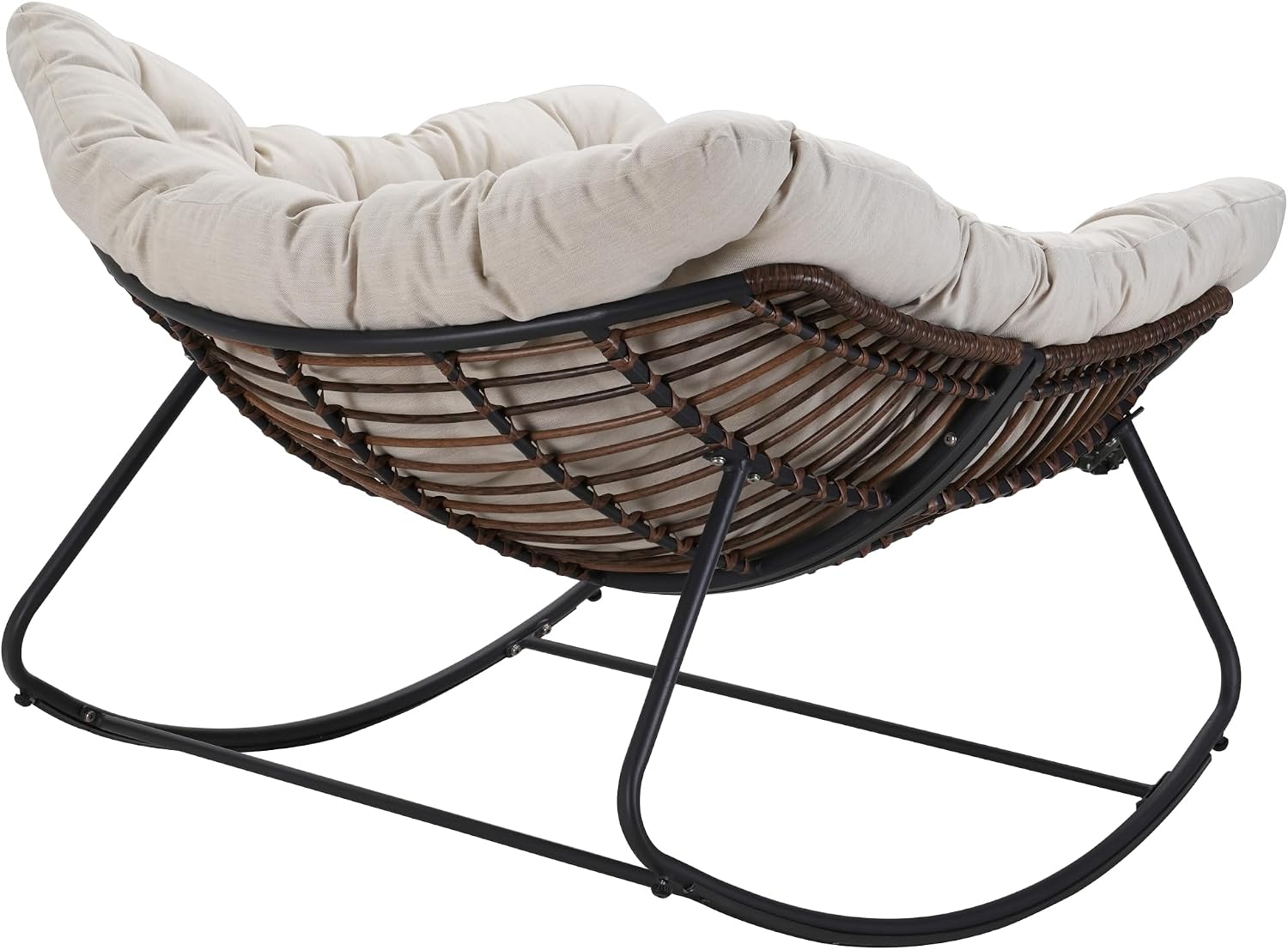 Outdoor Papasan Rocking Chair Oversized, Rattan Rocking Chair, Patio Wicker Egg Chair with Padded Cushion, Rocker Egg Chair for Living Room, Patio, Front Porch, Backyard