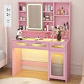 Hadulcet Pink Vanity Desk with Mirror and Lights, 43' Makeup Vanity Desk with Glass Top, Power Outlets, 2 Drawers, 10 Shelves & Acrylic Cabinet, LED Vanity Table for Girls Women Gift