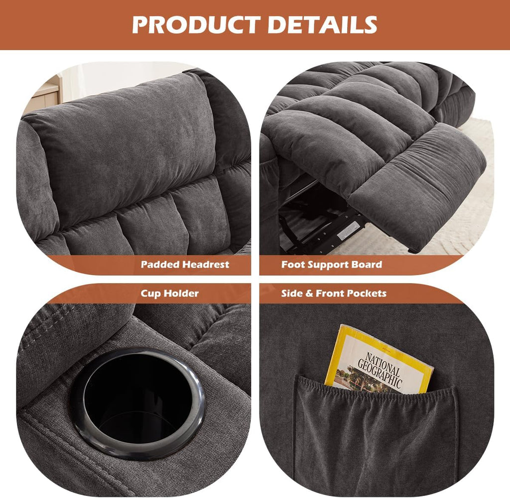 MAHOMICO Recliner Sofa with Cup Holders for Living Room 3 Seat Manual Oversized Recliner Chiar with Ergonomic, Side Pocket for Adult