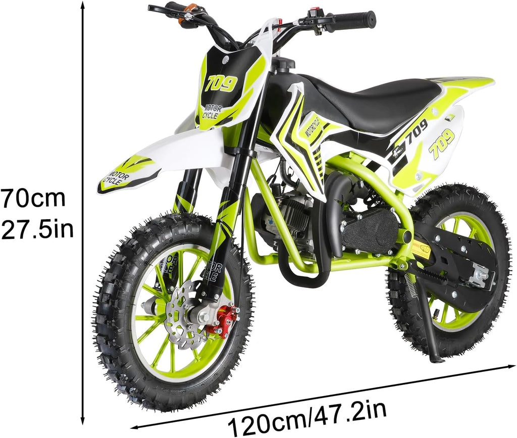50cc Kids Dirt Bike | Gas Powered Mini Motorcycle for Ages 8-14 with 10' Off-Road Tires & Front-Rear Disc Brakes Green B